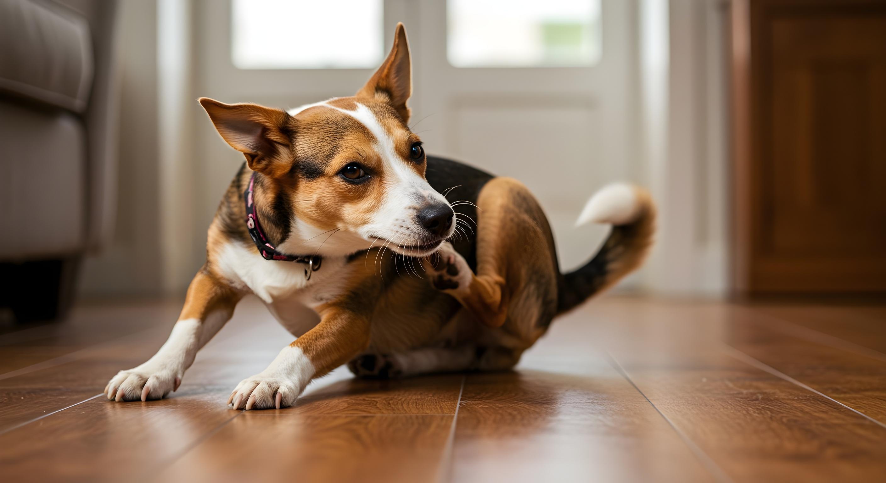 Kleiner Hund kratzt sich inbrünstig an juckender Stelle hinter dem Ohr.