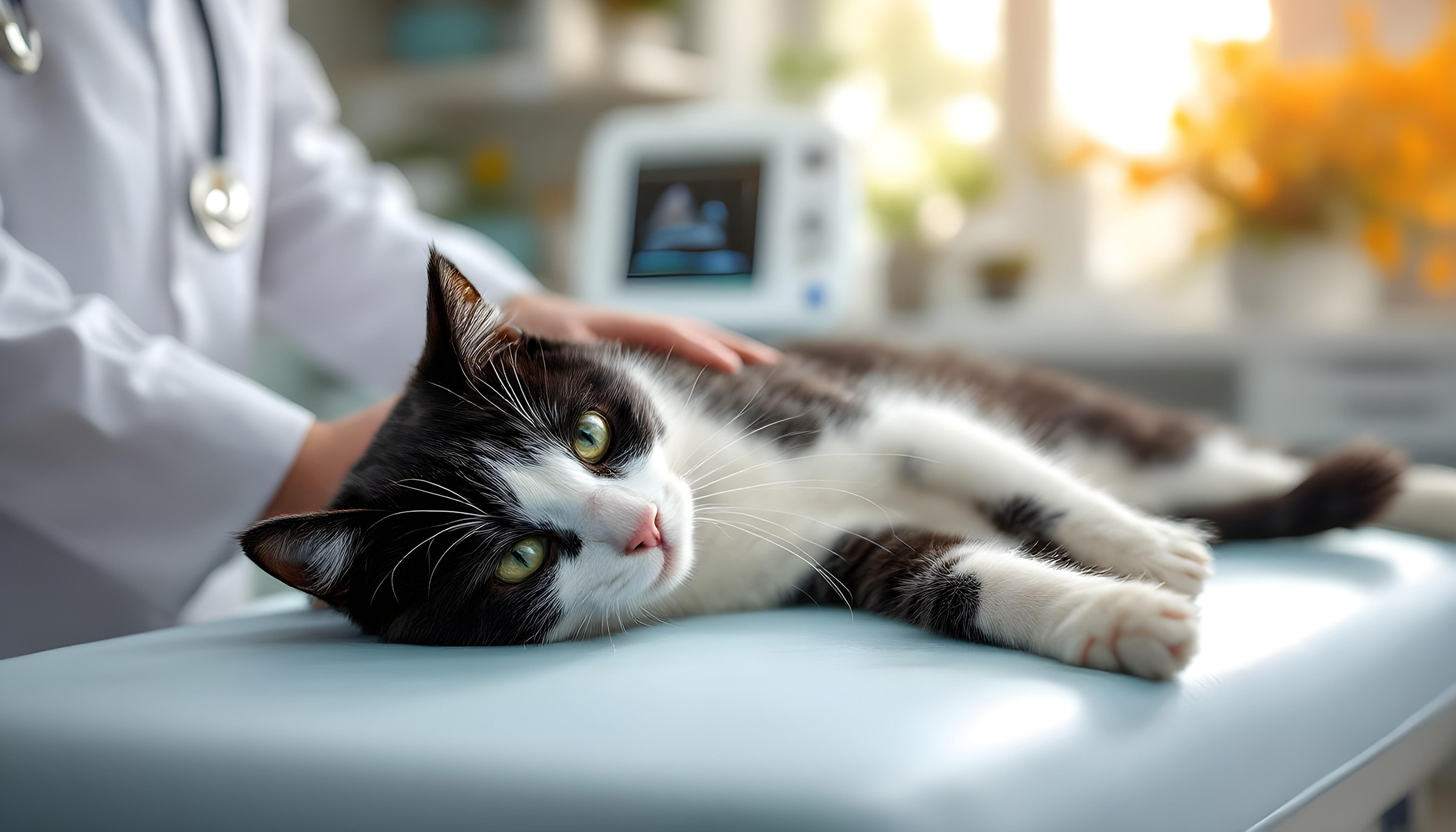 Tierärztin führt Ultraschalluntersuchung bei einer Katze durch.