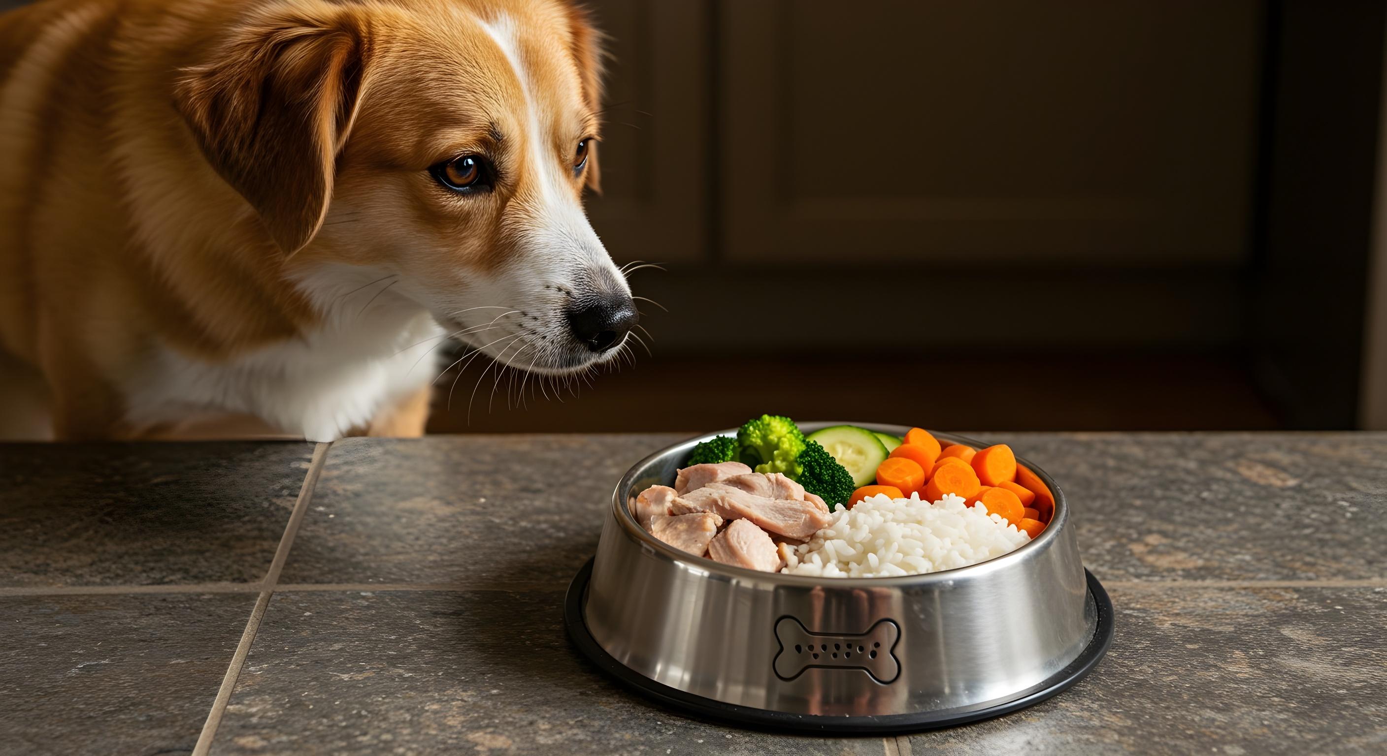 Mischlingshund schaut auf seinen Napf mit Spezialfutter für Leberpatienten