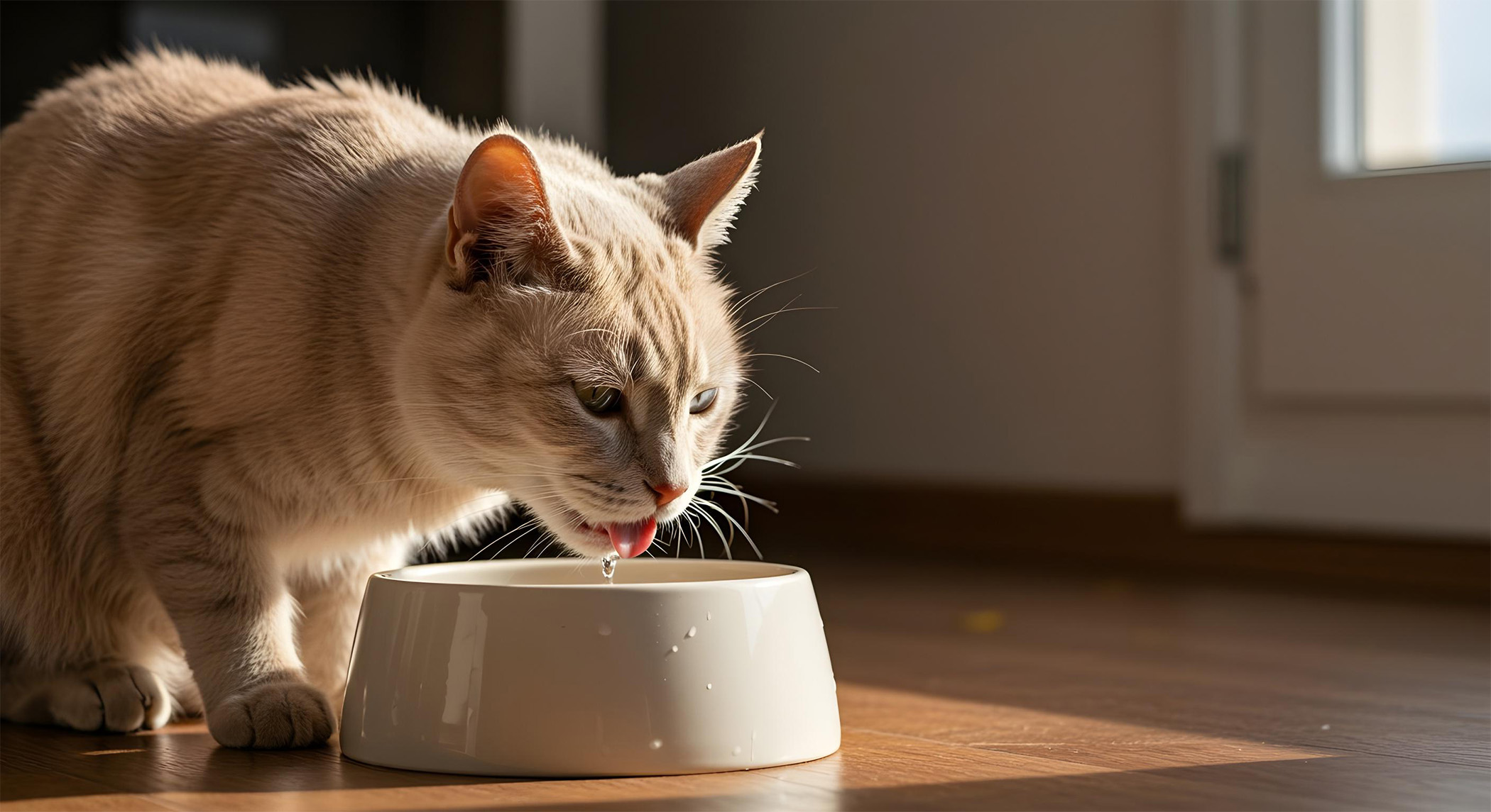 Motiv: Senior-Katze trinkt aus einer Wasserschale - Niereninsuffizienz
