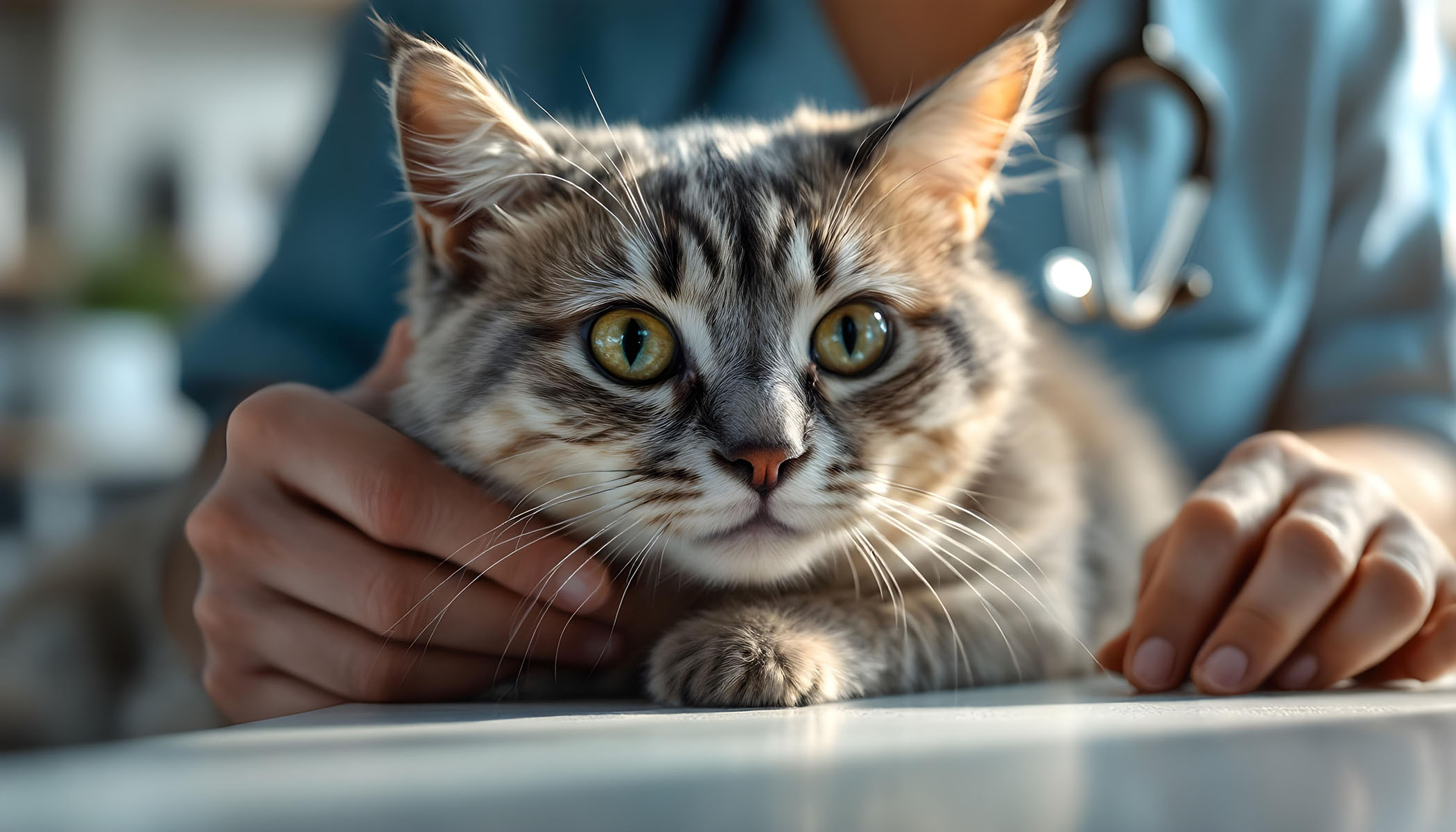 Senior-Katze wird beim Tierarzt mit dem Stethoskop untersucht. - Schilddrüsenüberfunktion bei Hund und Katze