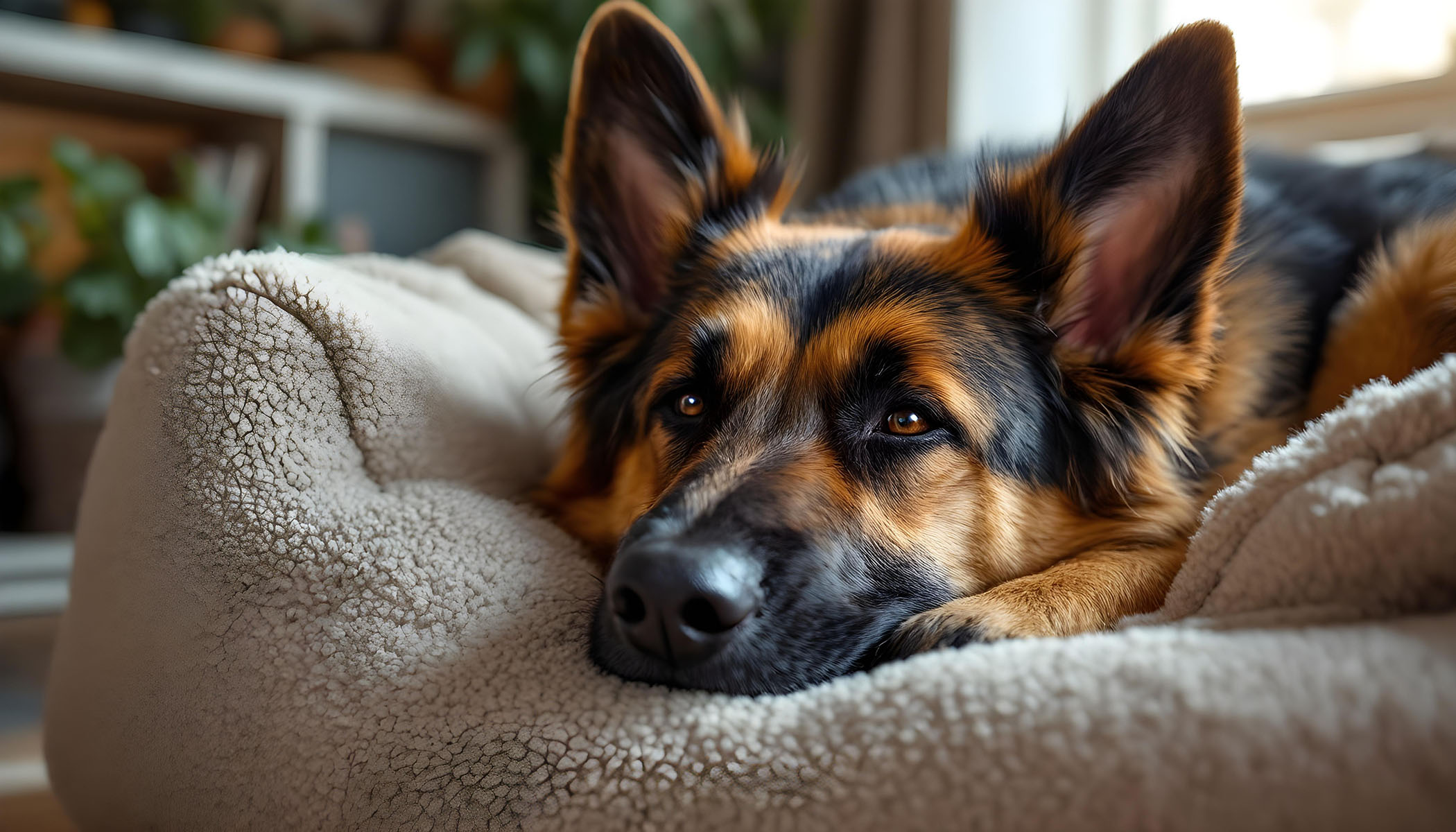 Älterer Schäferhund ruht sich entspannt in einem orthopädischen Hundebett aus. - Spondylose